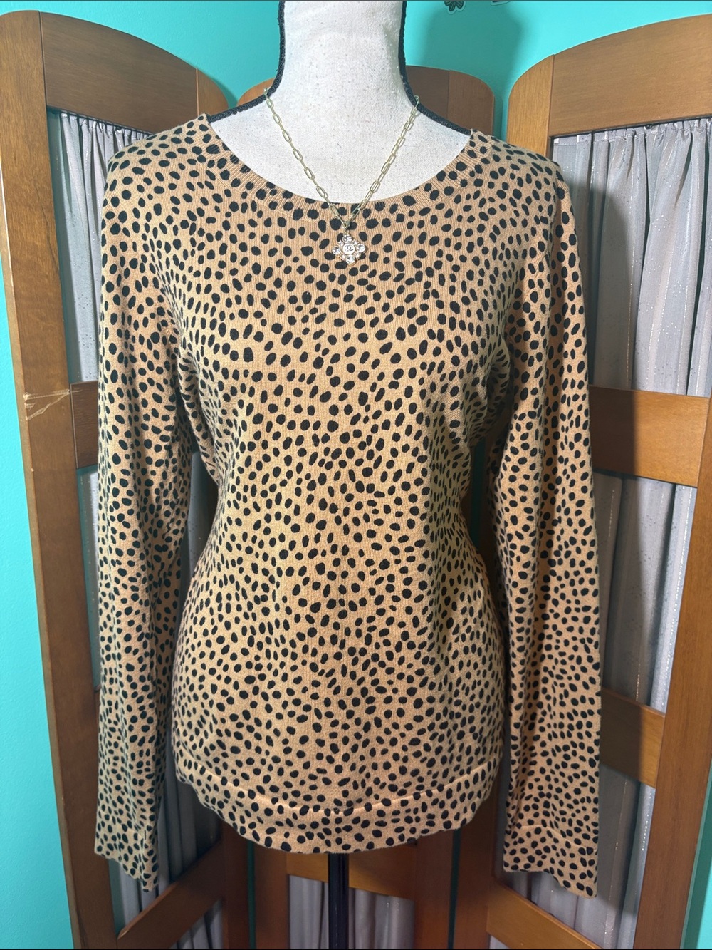 J. Crew Camel and Black Spotted Long Sleeve Crewneck Sweater